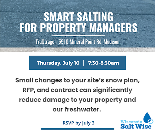 Poster promoting Smart Salting for Property Managers Event on Thursday, July 10