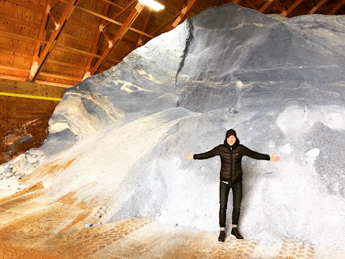 hilary in front of salt pile